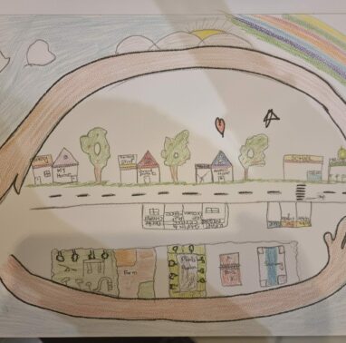 VIC - In this art work,my child incorporates all the valuable features of his life which feels him more protective and physically healthy . He demonstrate how this neighbourhood is vital for him by obsuring it in his hands. He wishes that neighbourhood could be real.