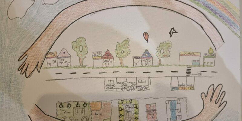 VIC - In this art work,my child incorporates all the valuable features of his life which feels him more protective and physically healthy . He demonstrate how this neighbourhood is vital for him by obsuring it in his hands. He wishes that neighbourhood could be real.