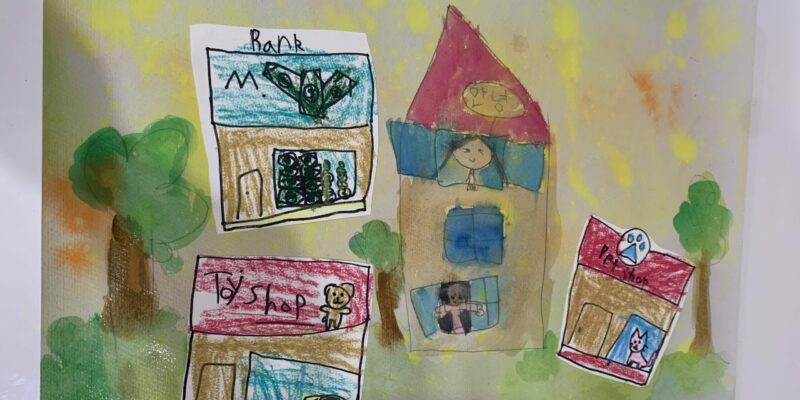 NSW - This artwork is about the neighbourhood - petshop, banks and toy shops. She would be happy if she had these shops.