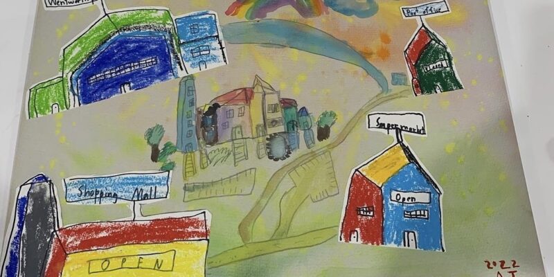 NSW - This artwork is about the neighborhood - schools, shoping malls. He would be happy if he could visit shopping malls once in a while.