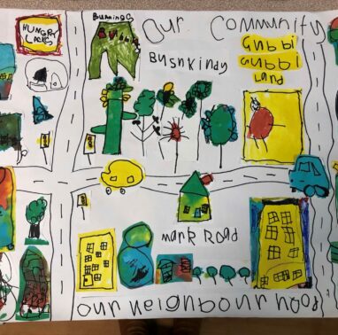 QLD - Throughout this process the children discussed how we can be safe in our environment both at kindy and in our homes or out and about in our neighbourhood and at our Bush Kindy. We created our neighbourhood each designing things we felt were important in our neighbourhood. We did houses, our Bush kindy space, local services, cars, trees, flowers, traffic lights etc. W are so proud of our end result.