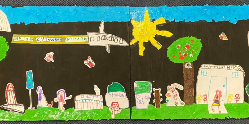 NSW - The children spent time talking about our local Kirrawee community, describing all of the places that places we have around us that make us happy and the thing that they enjoy doing. This includes going to the café for a babycino, a trip on the train, a police station with police people to keep them safe, a walk in the neighborhood with their dog or a bike ride looking at all of the beautiful tree and insects we have in Kirrawee. The children talked about their Daycare Fauna Place a happy and safe place.  All of this is represented in the artworks created by the children with coloured markers as their chosen medium. Then they created the background scene with collage materials. We LOVE our Kirrawee Community!