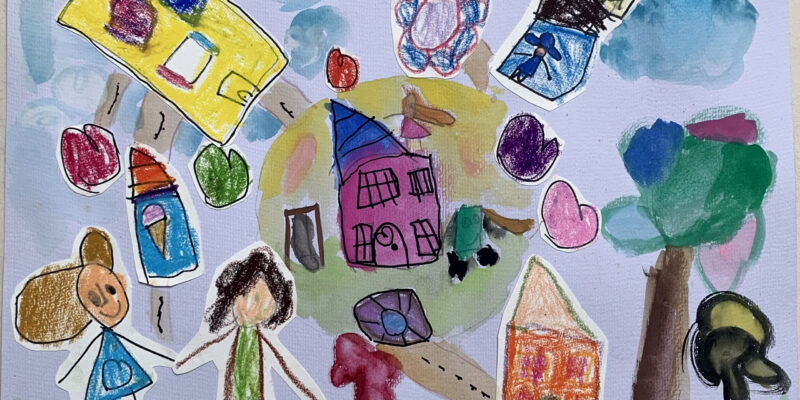 This artwork is about her neighbourhood. She would be much happier if her older brother’s school is near her house. Then, she would go to Ice cream shop or game shop with her brother.