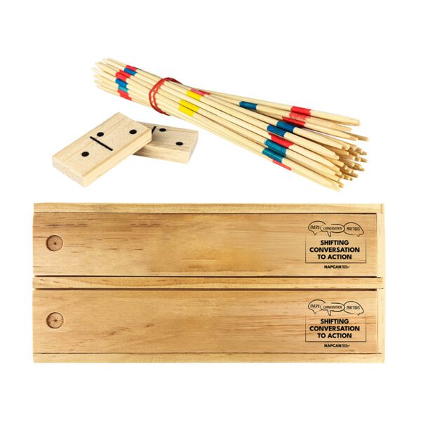 Wooden dominoes stick playset with colorful bands and sticks on white backdrop.