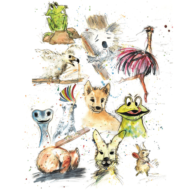 Image of a range of Australian wildlife in water colour drawings.