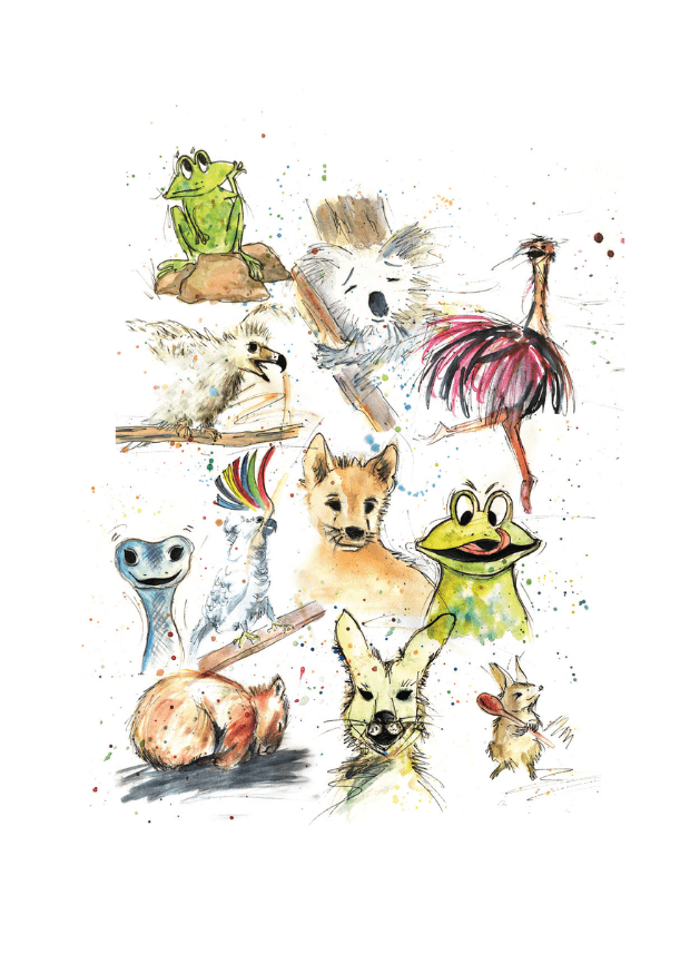 Image with watercolour drawings of Australian native animals by Nadya C